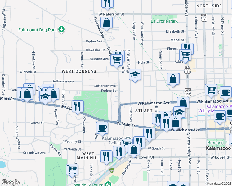 map of restaurants, bars, coffee shops, grocery stores, and more near 1121 Forbes Street in Kalamazoo
