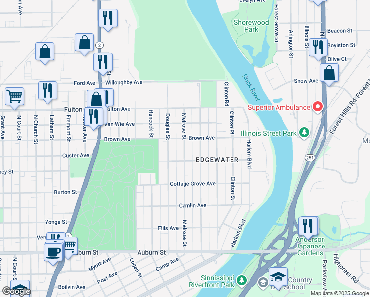 map of restaurants, bars, coffee shops, grocery stores, and more near 2130 Melrose Street in Rockford