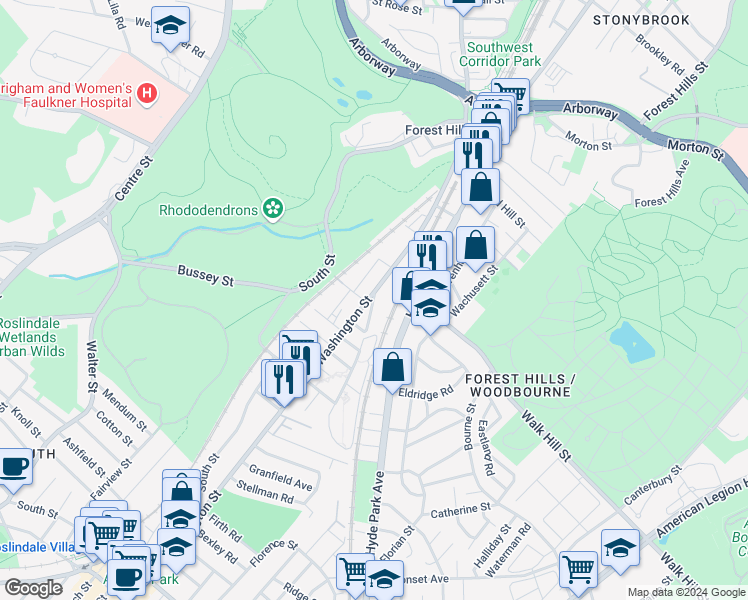 map of restaurants, bars, coffee shops, grocery stores, and more near 3898 Washington Street in Boston