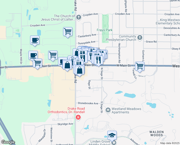 map of restaurants, bars, coffee shops, grocery stores, and more near 4501 West Main Street in Kalamazoo
