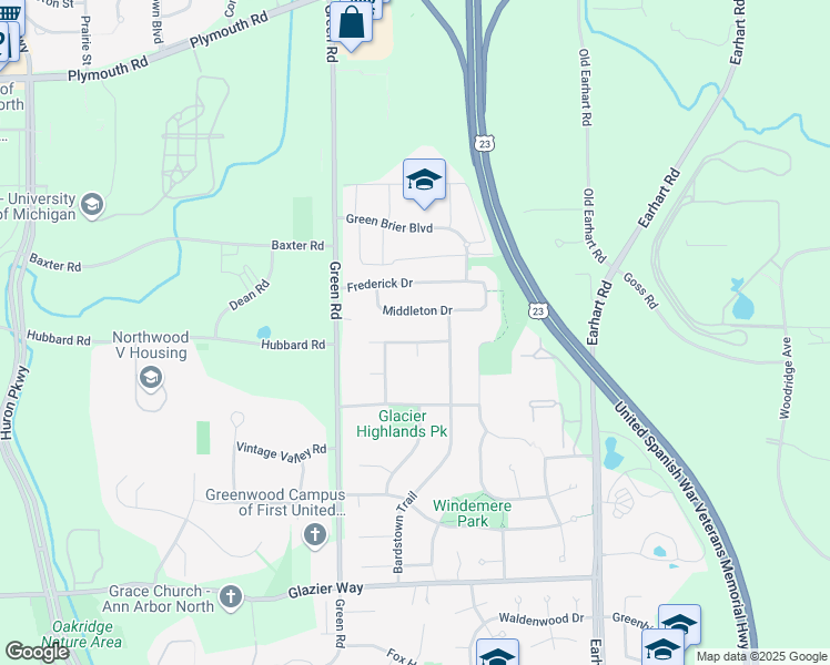 map of restaurants, bars, coffee shops, grocery stores, and more near 3629 Chatham Way in Ann Arbor