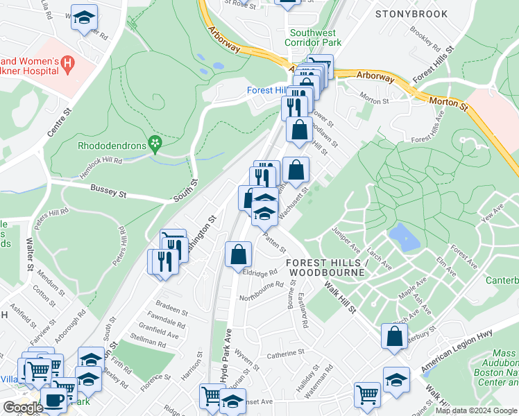map of restaurants, bars, coffee shops, grocery stores, and more near 164 Hyde Park Avenue in Boston