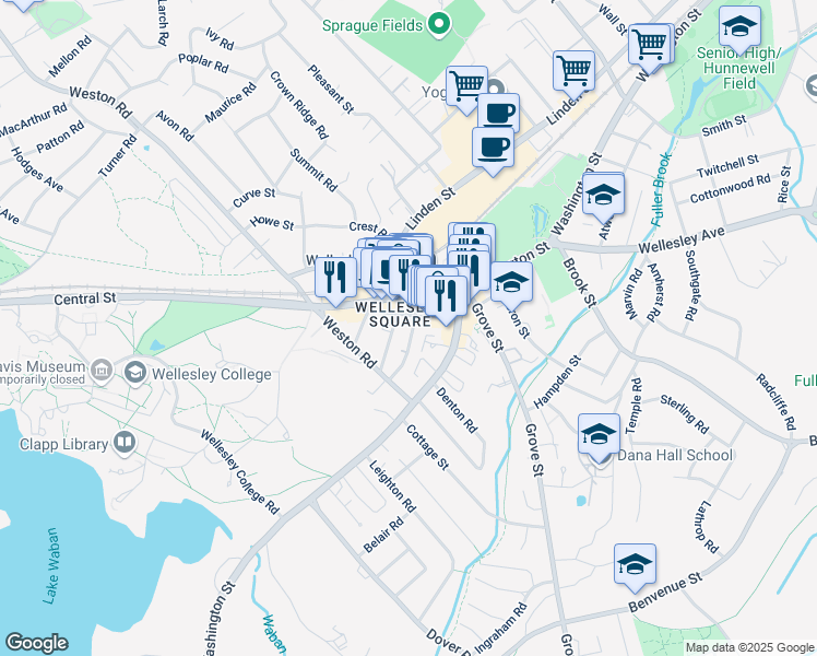 map of restaurants, bars, coffee shops, grocery stores, and more near 5 Abbott Street in Wellesley