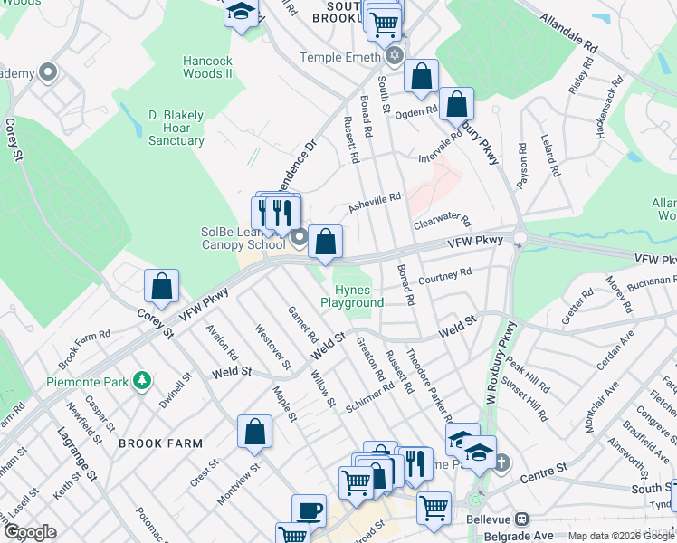 map of restaurants, bars, coffee shops, grocery stores, and more near 496 Veterans of Foreign Wars Parkway in Boston