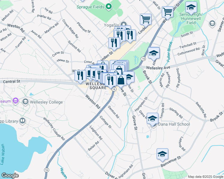 map of restaurants, bars, coffee shops, grocery stores, and more near 575 Washington Street in Wellesley
