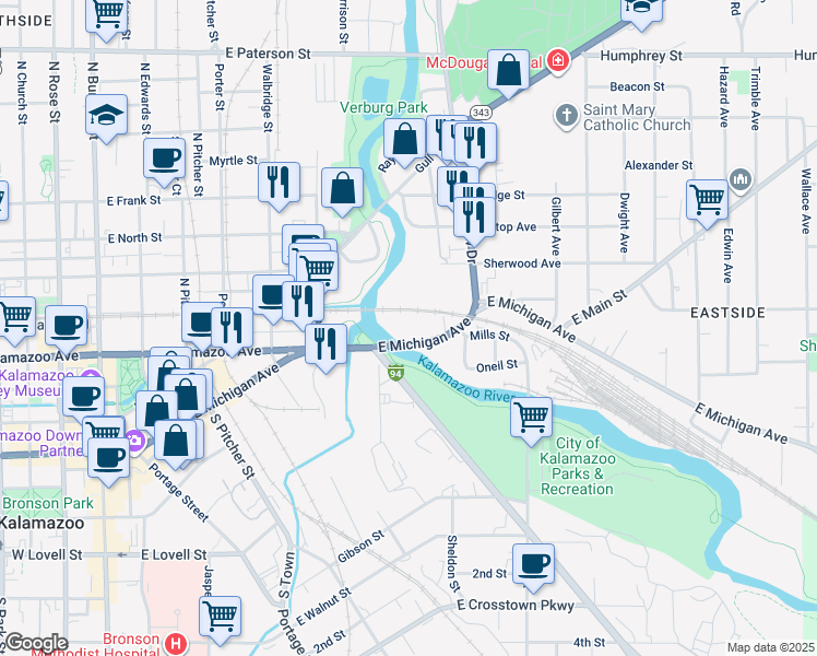 map of restaurants, bars, coffee shops, grocery stores, and more near 701 East Michigan Avenue in Kalamazoo
