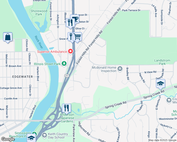 map of restaurants, bars, coffee shops, grocery stores, and more near 2618 Cerro Vista Drive in Rockford