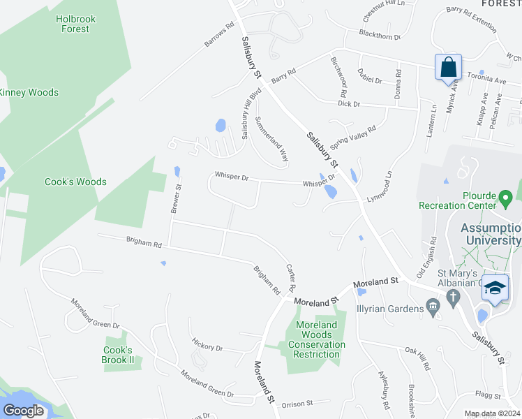 map of restaurants, bars, coffee shops, grocery stores, and more near 60 Whisper Drive in Worcester