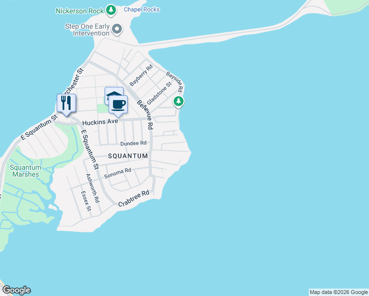 map of restaurants, bars, coffee shops, grocery stores, and more near 62 Bay Street in Quincy