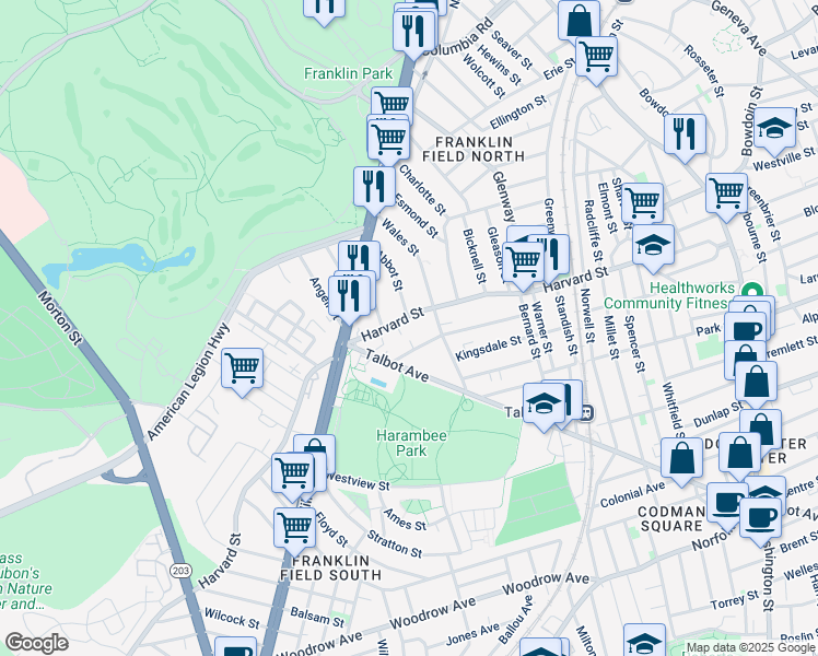 map of restaurants, bars, coffee shops, grocery stores, and more near 214 Harvard Street in Boston
