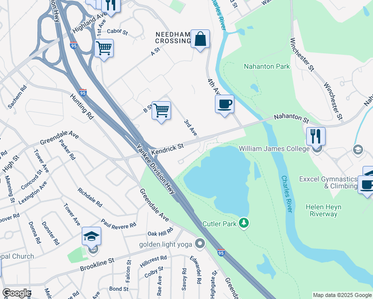 map of restaurants, bars, coffee shops, grocery stores, and more near 140 Kendrick Street in Needham