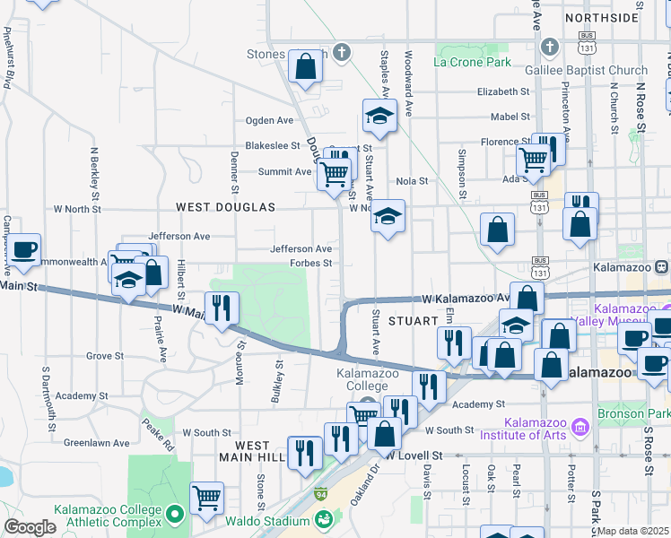 map of restaurants, bars, coffee shops, grocery stores, and more near 433 Douglas Avenue in Kalamazoo