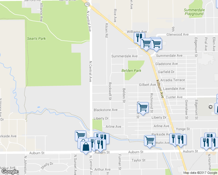 map of restaurants, bars, coffee shops, grocery stores, and more near 2206 Rockwell Street in Rockford