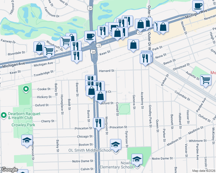 map of restaurants, bars, coffee shops, grocery stores, and more near 23865 Leland Court in Dearborn