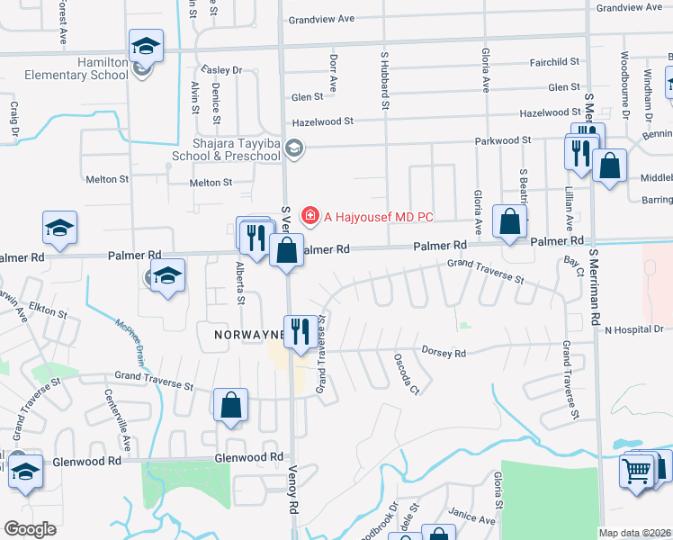 map of restaurants, bars, coffee shops, grocery stores, and more near 32561 Palmer Road in Westland