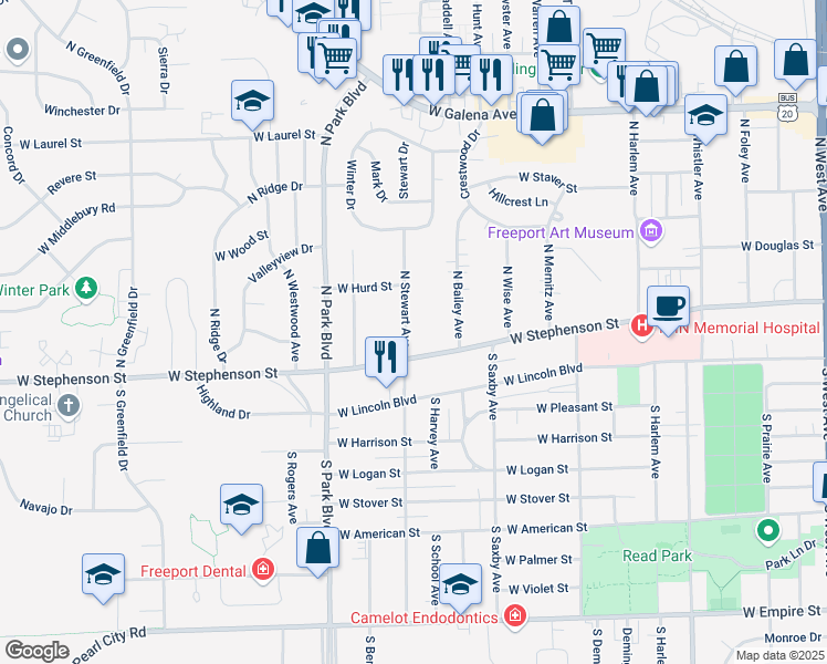 map of restaurants, bars, coffee shops, grocery stores, and more near 33 North Stewart Avenue in Freeport
