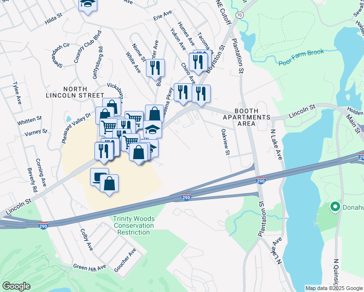 map of restaurants, bars, coffee shops, grocery stores, and more near 30 Oriol Drive in Worcester