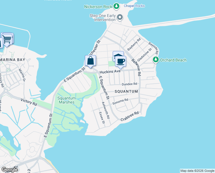 map of restaurants, bars, coffee shops, grocery stores, and more near 13 Dundee Road in Quincy
