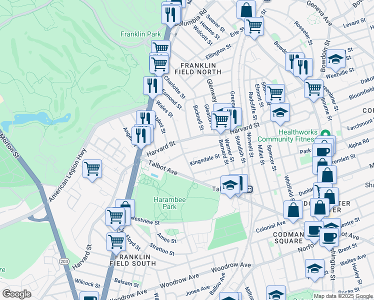 map of restaurants, bars, coffee shops, grocery stores, and more near 65 Nightingale Street in Boston