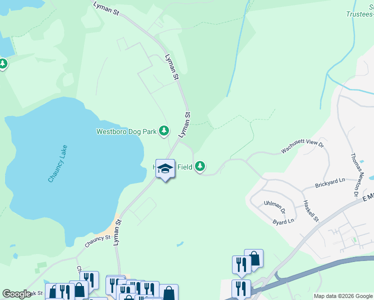 map of restaurants, bars, coffee shops, grocery stores, and more near 66 Haskell Street in Westborough