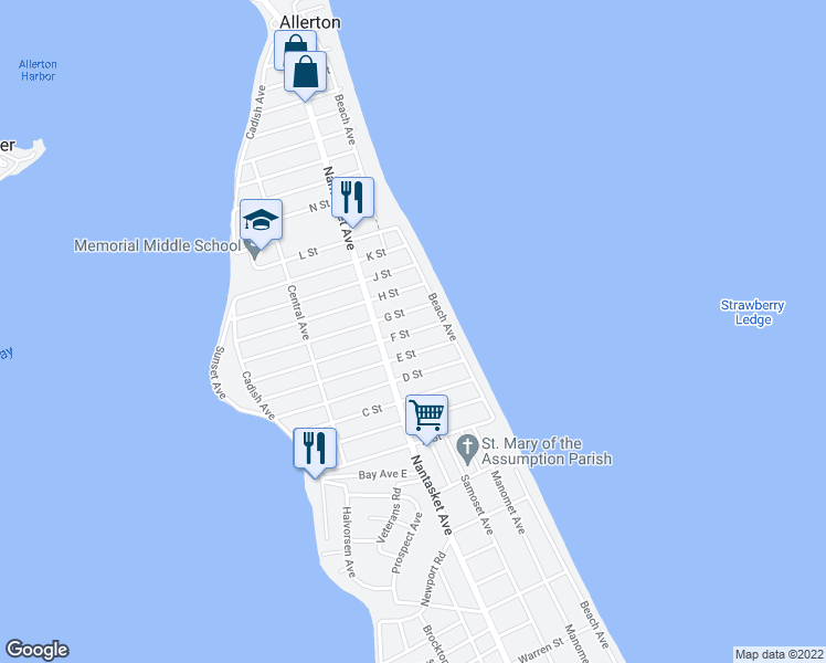 map of restaurants, bars, coffee shops, grocery stores, and more near 69 F Street in Hull