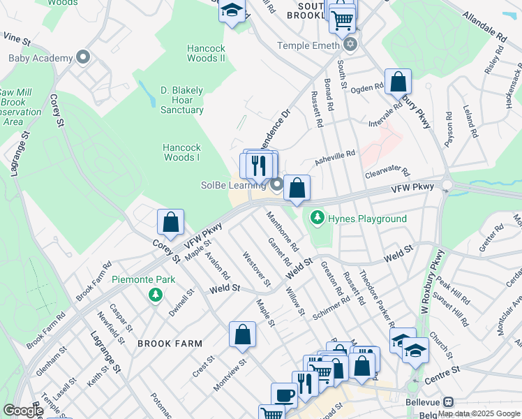 map of restaurants, bars, coffee shops, grocery stores, and more near 260 Manthorne Road in Boston