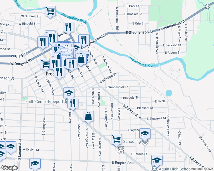 map of restaurants, bars, coffee shops, grocery stores, and more near 456 South Benton Avenue in Freeport