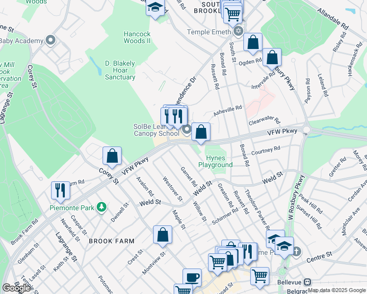 map of restaurants, bars, coffee shops, grocery stores, and more near 530 Veterans of Foreign Wars Parkway in Boston