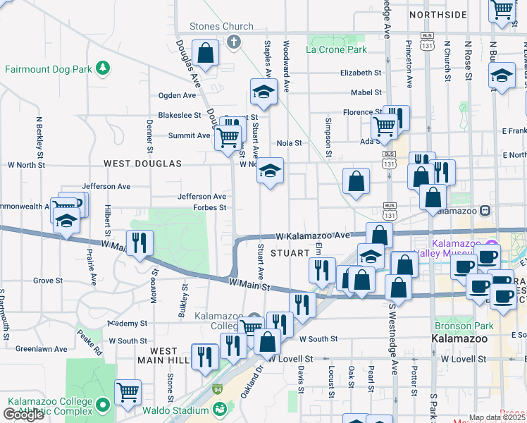 map of restaurants, bars, coffee shops, grocery stores, and more near 504 Stuart Avenue in Kalamazoo
