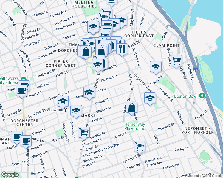 map of restaurants, bars, coffee shops, grocery stores, and more near 48 Dix Street in Boston