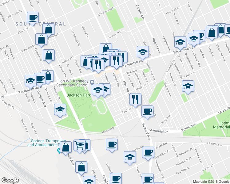 map of restaurants, bars, coffee shops, grocery stores, and more near 2260 Mercer Street in Windsor