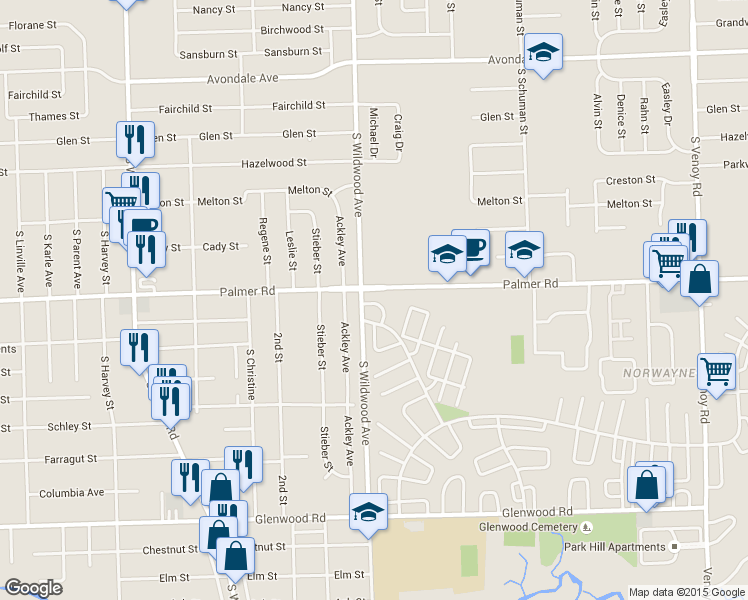 map of restaurants, bars, coffee shops, grocery stores, and more near 1909 Eagle Court in Westland