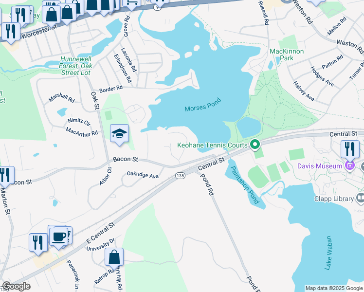 map of restaurants, bars, coffee shops, grocery stores, and more near 16 College Road in Wellesley