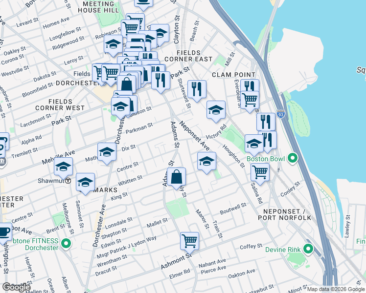 map of restaurants, bars, coffee shops, grocery stores, and more near 16 Train Street in Boston