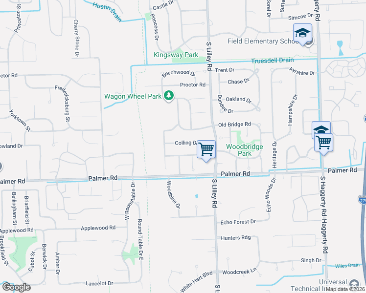 map of restaurants, bars, coffee shops, grocery stores, and more near 42701 Colling Drive in Wayne County