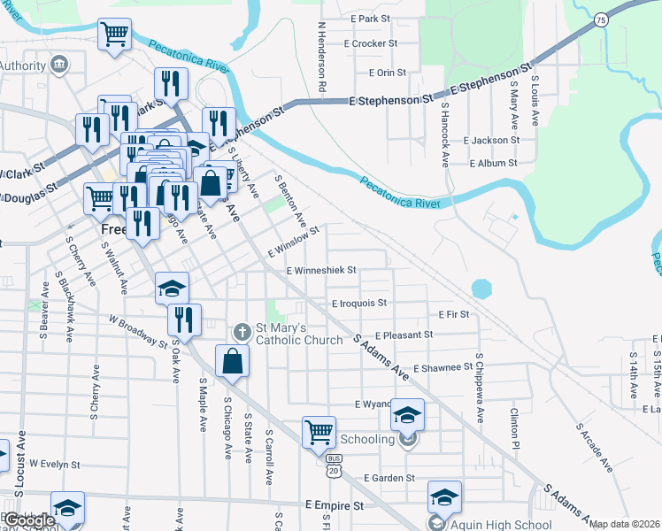 map of restaurants, bars, coffee shops, grocery stores, and more near 459 South Float Avenue in Freeport