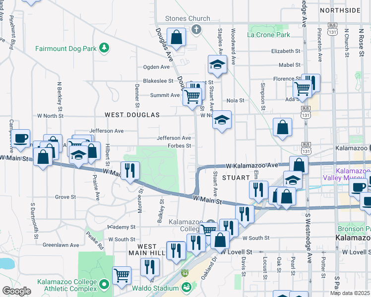 map of restaurants, bars, coffee shops, grocery stores, and more near 1121 Forbes Street in Kalamazoo