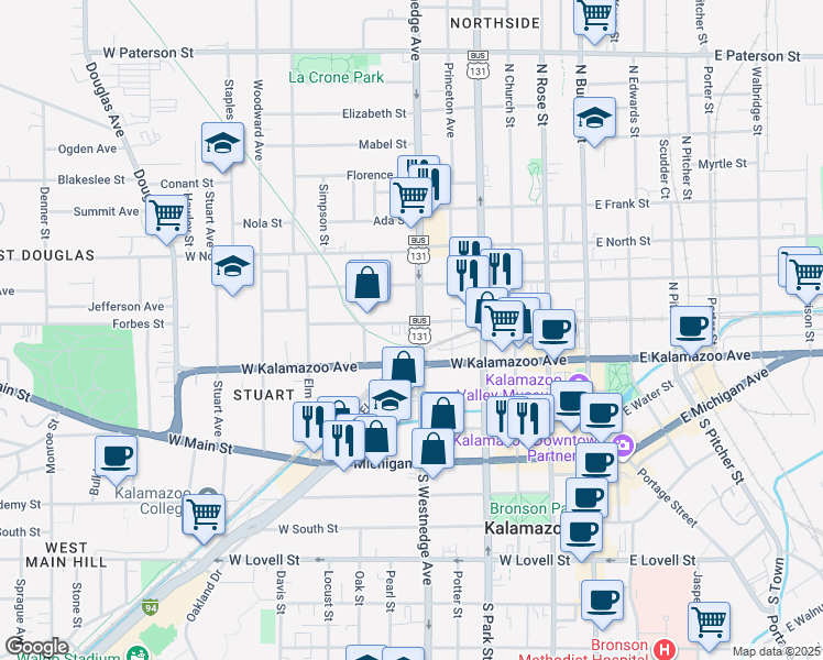 map of restaurants, bars, coffee shops, grocery stores, and more near 459 North Westnedge Avenue in Kalamazoo
