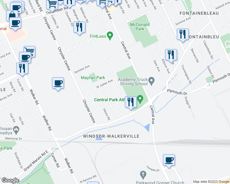 map of restaurants, bars, coffee shops, grocery stores, and more near 2656 Meighen Road in Windsor