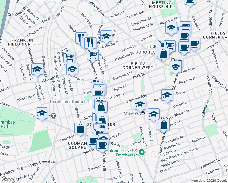 map of restaurants, bars, coffee shops, grocery stores, and more near 54 Alpha Road in Boston