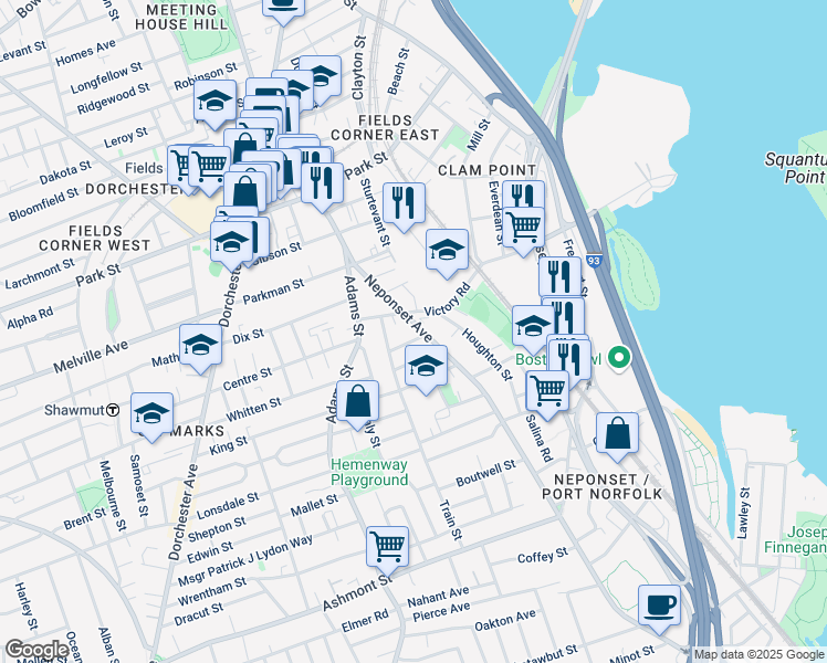 map of restaurants, bars, coffee shops, grocery stores, and more near 80 Neponset Avenue in Boston