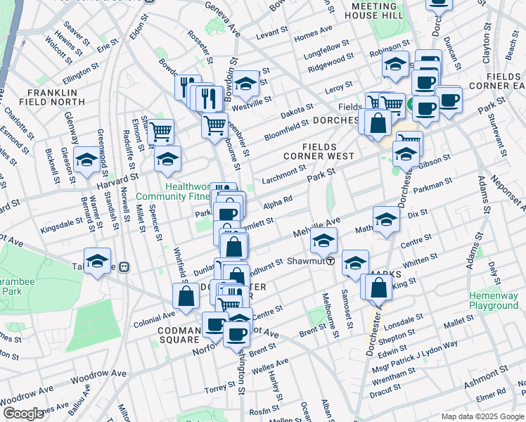 map of restaurants, bars, coffee shops, grocery stores, and more near 54 Alpha Road in Boston
