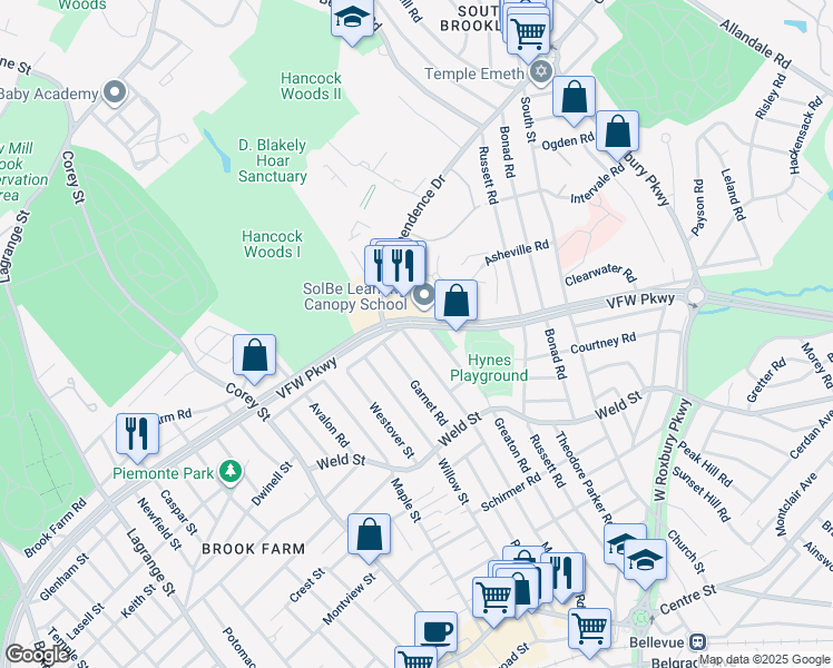 map of restaurants, bars, coffee shops, grocery stores, and more near 260 Manthorne Road in Boston