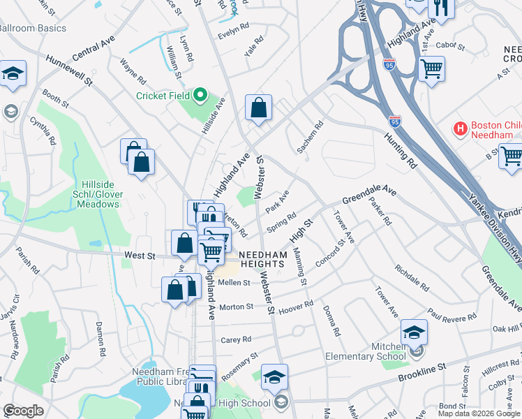 map of restaurants, bars, coffee shops, grocery stores, and more near 354 Webster Street in Needham