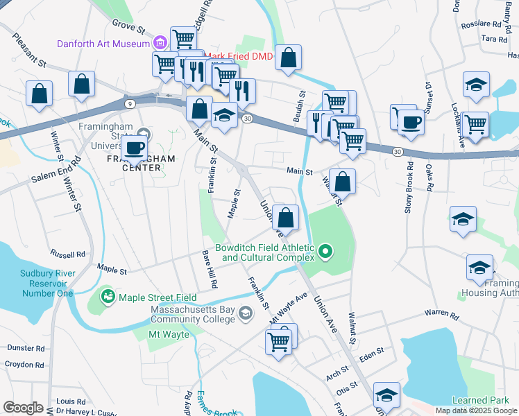 map of restaurants, bars, coffee shops, grocery stores, and more near 596 Union Avenue in Framingham