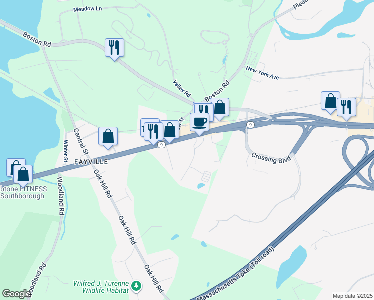 map of restaurants, bars, coffee shops, grocery stores, and more near 30 Worcester Road in Southborough