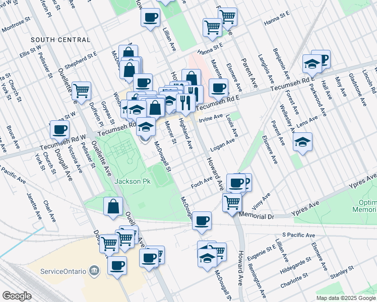 map of restaurants, bars, coffee shops, grocery stores, and more near 2260 Mercer Street in Windsor