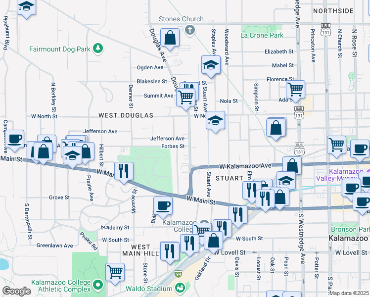 map of restaurants, bars, coffee shops, grocery stores, and more near 1121 Forbes Street in Kalamazoo