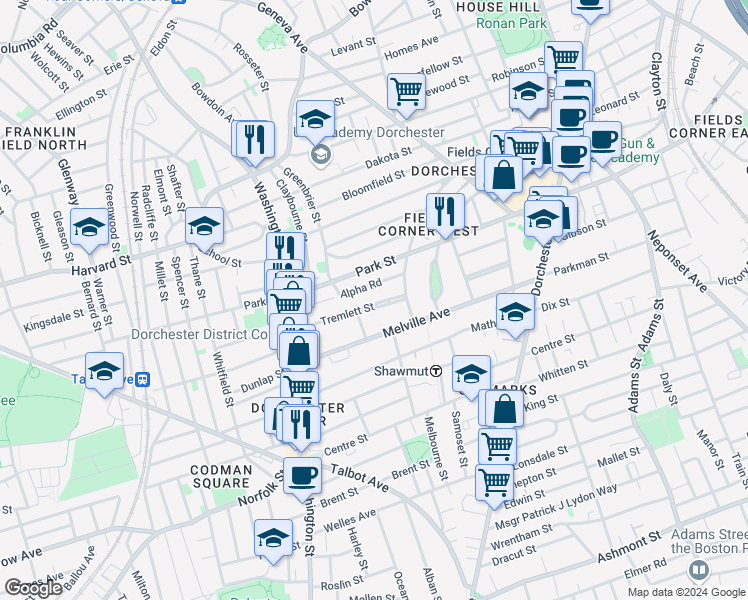 map of restaurants, bars, coffee shops, grocery stores, and more near 34 Tremlett Street in Boston