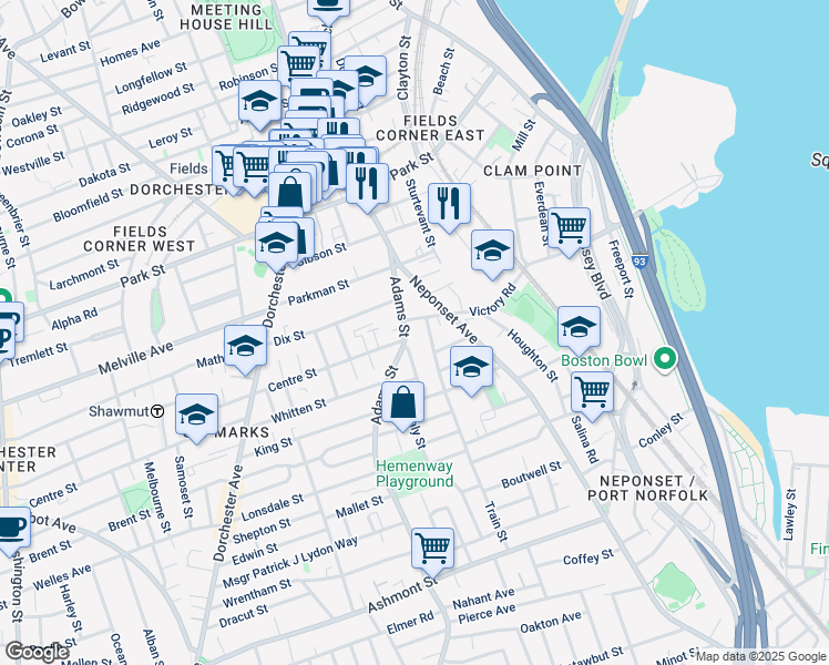 map of restaurants, bars, coffee shops, grocery stores, and more near 393 Adams Street in Boston